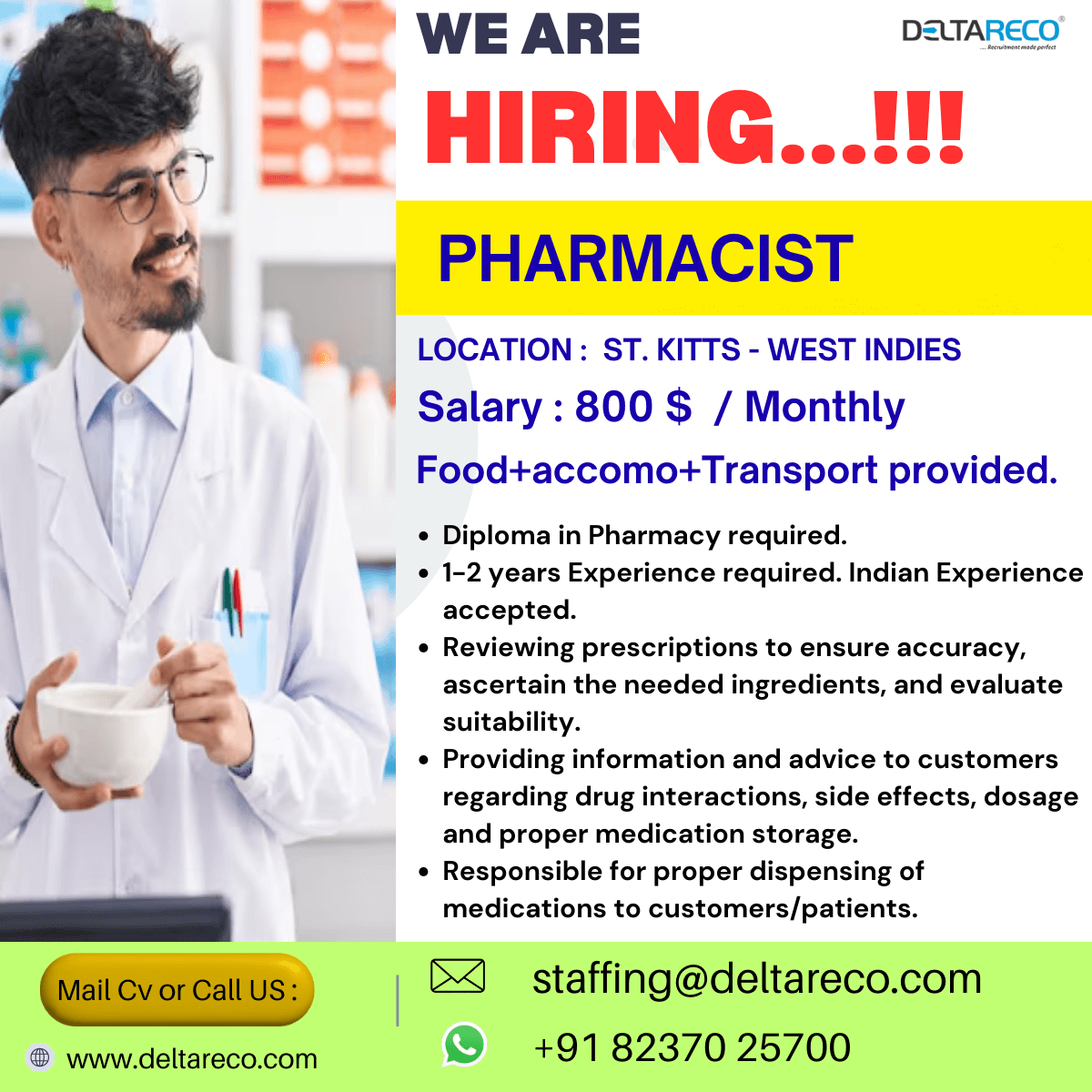 Hiring Pharmacist for  west indies