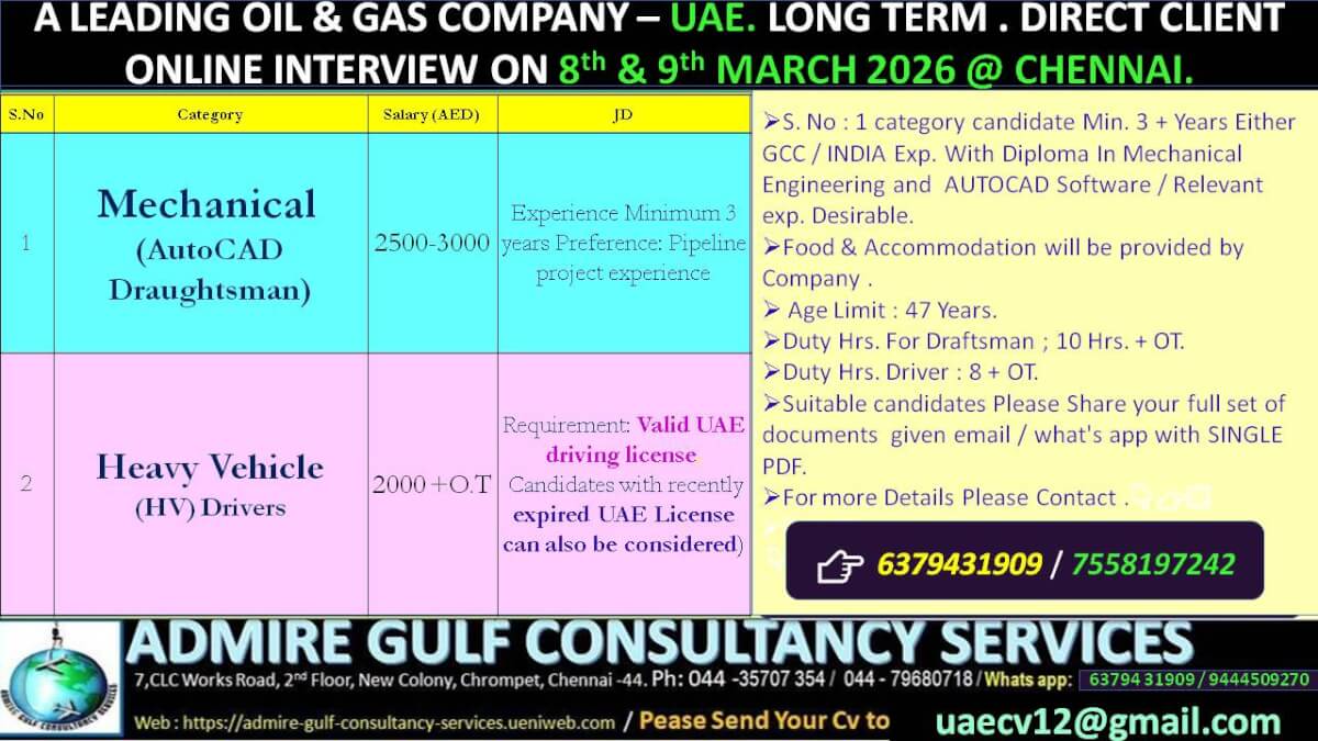 A leading oil & gas company - long term - UAE . direct client online interview on 7th & 8th March 2026 A leading oil & gas company - long term - UAE . direct client online interview on 7th & 8th March 2026