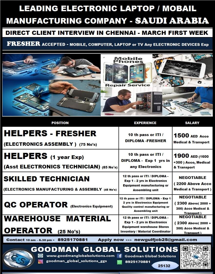 SAUDI ARABIA - LEADING ELECTRONIC COMPANY (LONG TERM)  DIRECT CLIENT  INTERVIEW IN CHENNAI @ MARCH FIRST WEEK
