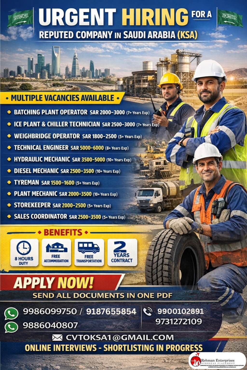 URGENT HIRING F OR SAUDI ARABIA