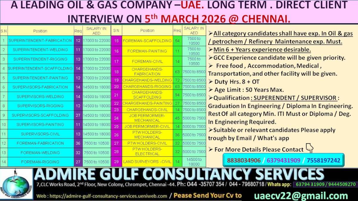 A  LEADING OIL & GAS COMPANY - UAE. LONG TERM . DIRECT CLIENT INTERVIEW ON 5th MARCH 2026 @ CHENNAI