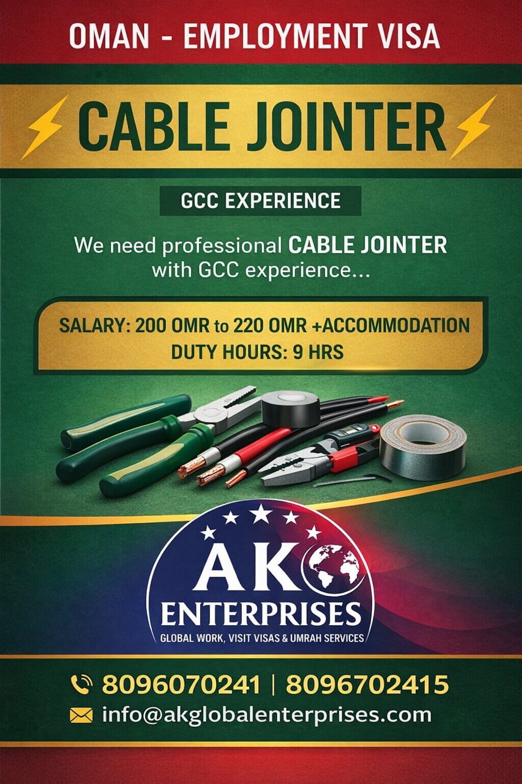 OMAN - EMPLOYMENT VISA Position: Cable Jointer •