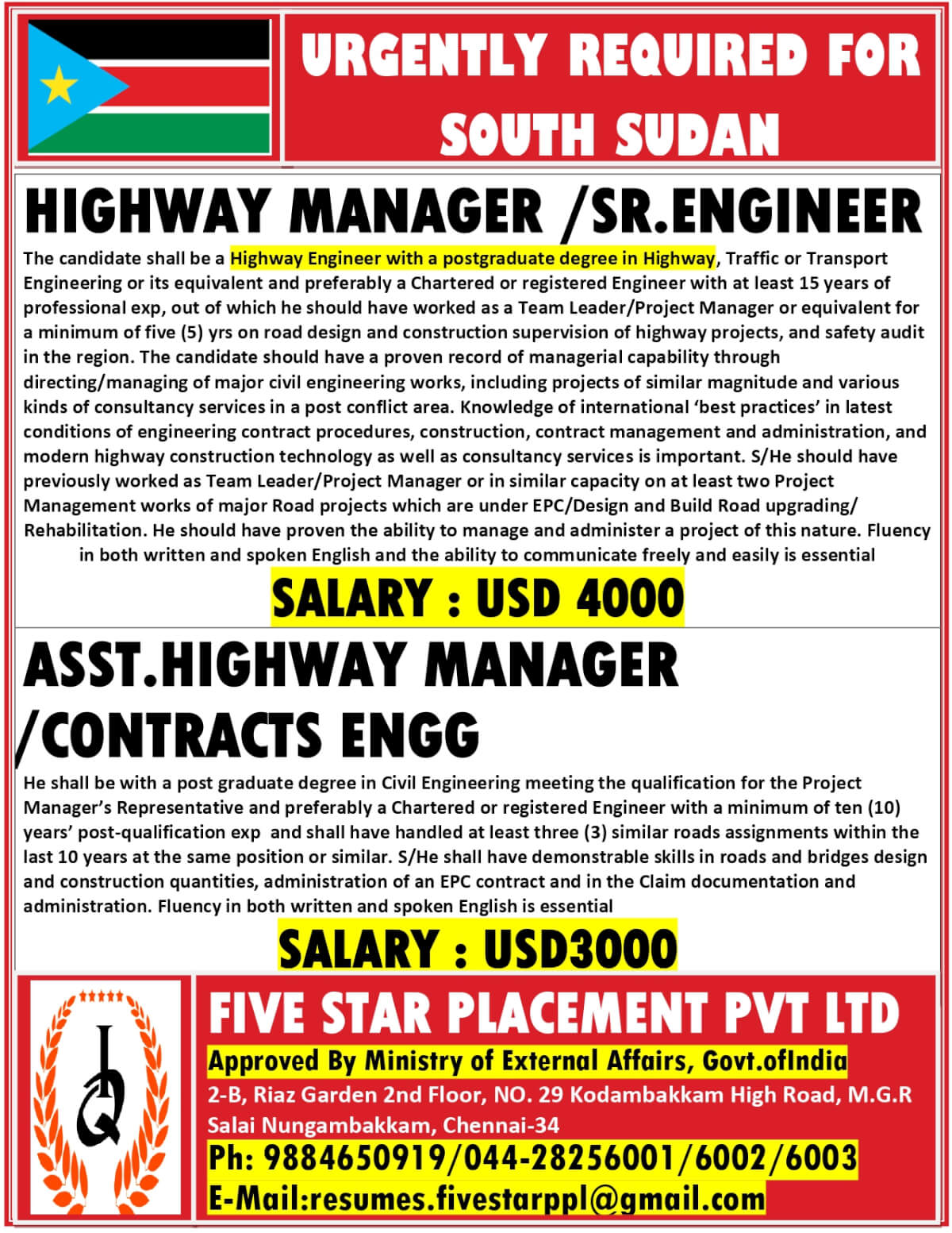 URGENT REQUIREMENT FOR SOUTH SUDAN