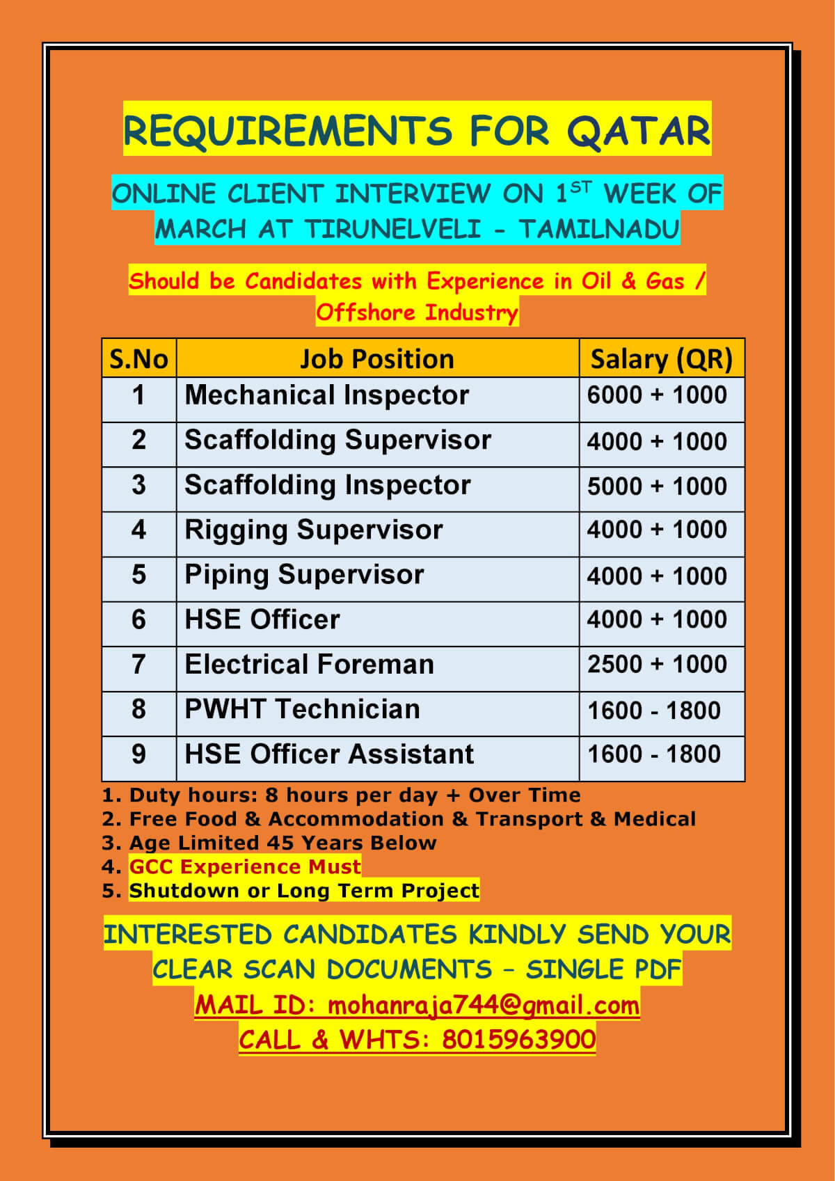 REQUIREMENTS FOR QATAR - ONLINE CLIENT INTERVIEW ON 1ST WEEK OF MARCH AT TIRUNELVELI - TAMILNADU