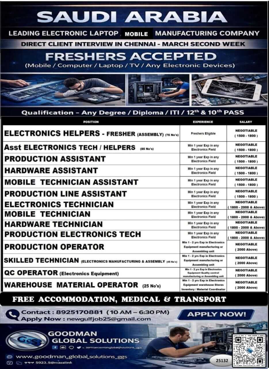 SAUDI ARABIA - LEADING ELECTRONIC COMPANY (LONG TERM) DIRECT CLIENT INTERVIEW IN CHENNAI @ MARCH SECOND WEEK SAUDI ARABIA - LEADING ELECTRONIC COMPANY (LONG TERM) DIRECT CLIENT INTERVIEW IN CHENNAI @ MARCH SECOND WEEK