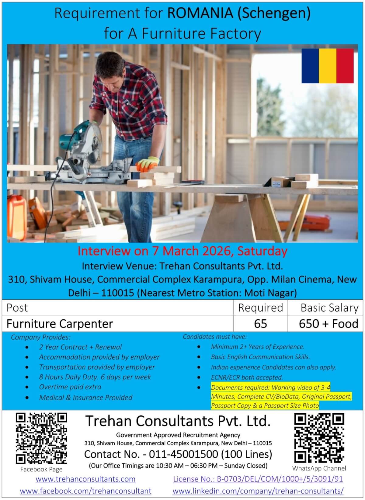 Furniture Carpenters required for ROMANIA (Schengen) for A Furniture Factory - Interview Date 7 March 2026 Furniture Carpenters required for ROMANIA (Schengen) for A Furniture Factory - Interview Date 7 March 2026