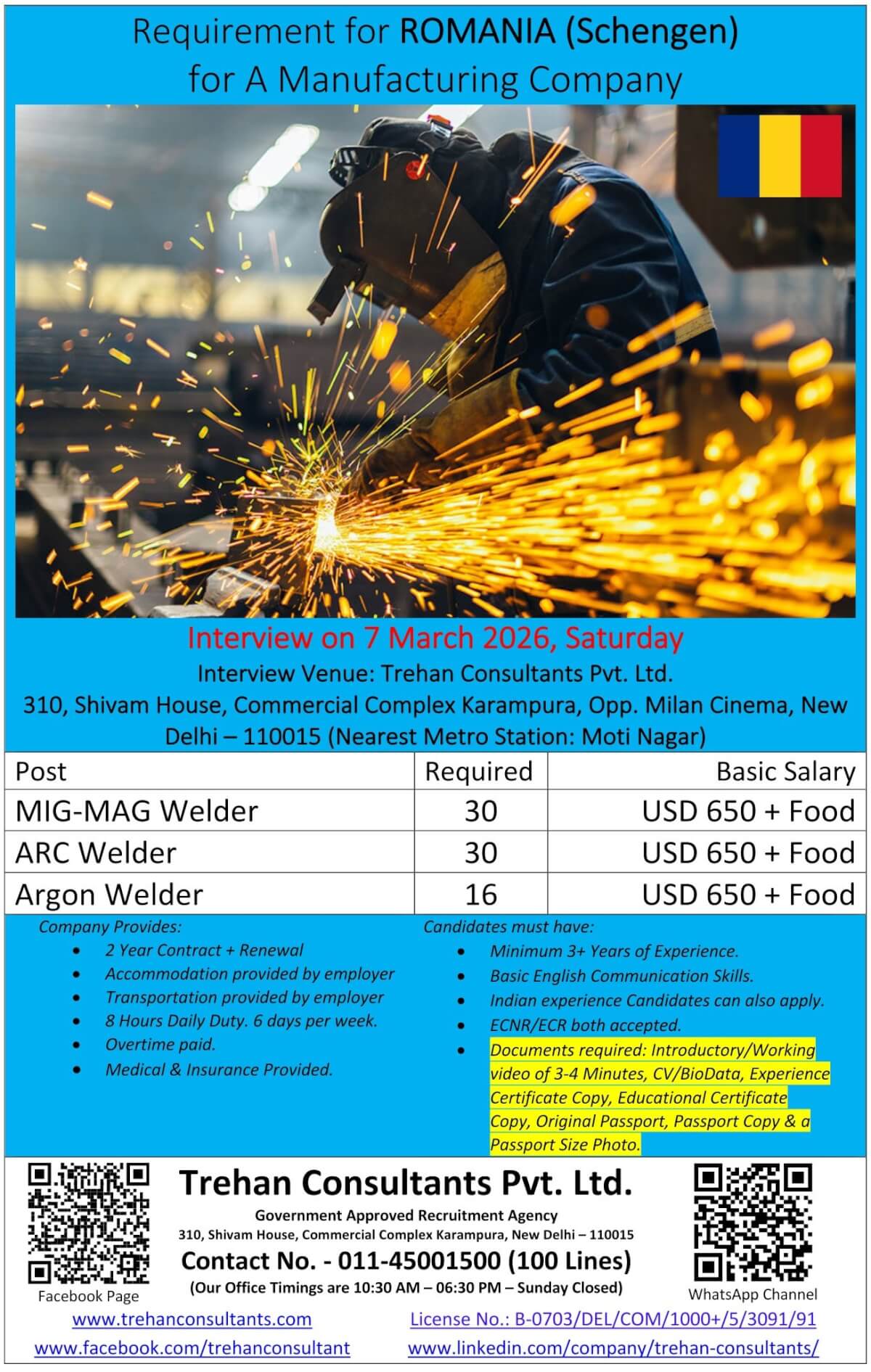 Welders required for ROMANIA (Schengen) for A Manufacturing Company - Interview Date 7 March 2026 Welders required for ROMANIA (Schengen) for A Manufacturing Company - Interview Date 7 March 2026