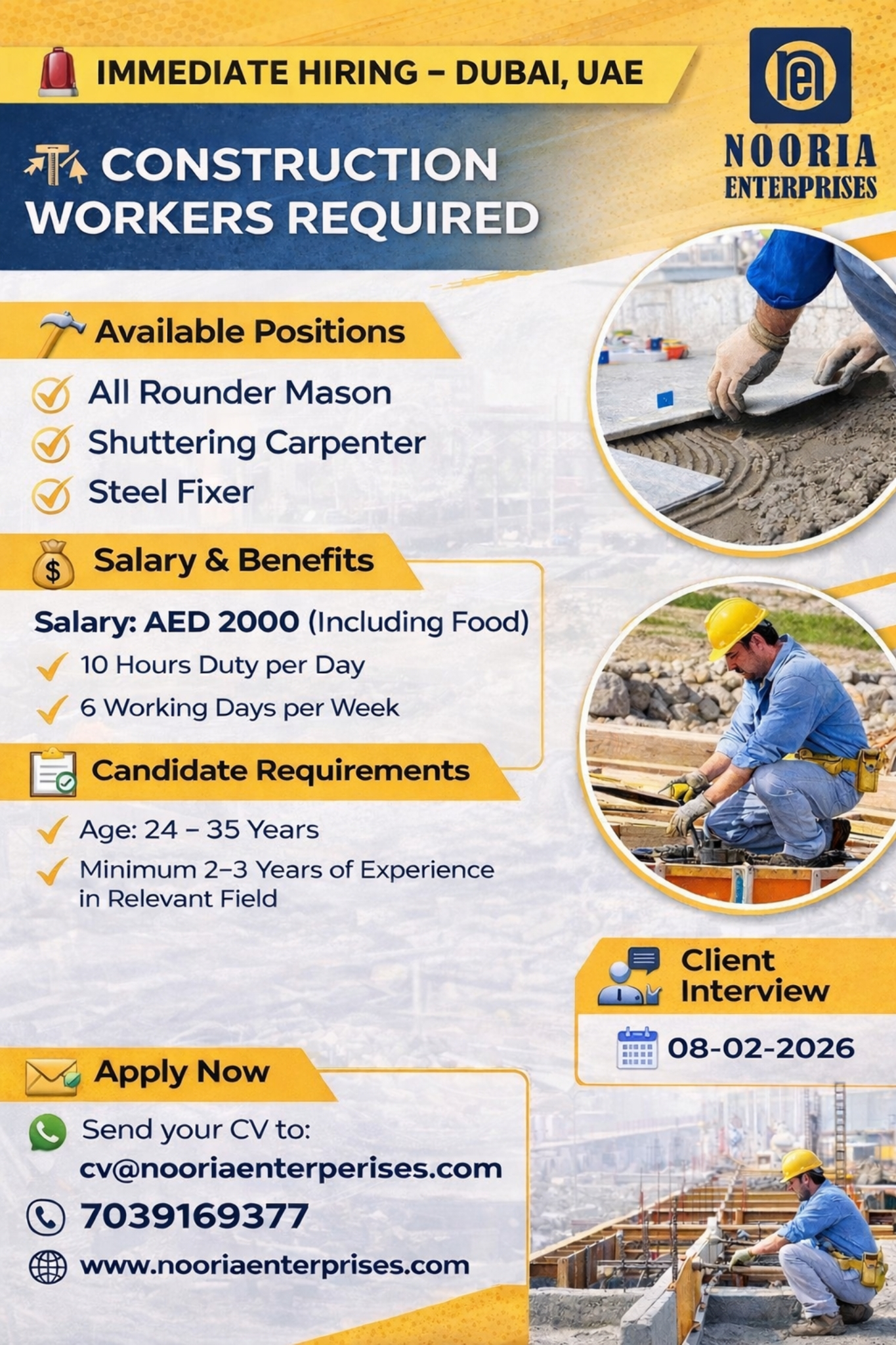 All Rounder Mason, Shuttering Carpenter, Steel Fixer