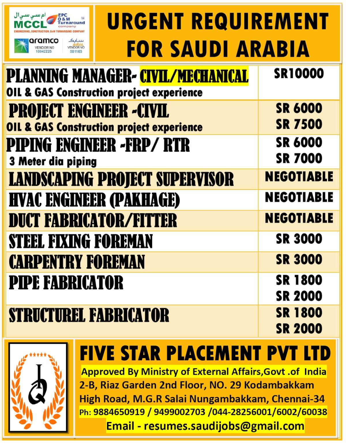 URGENT REQUIREMENT FOR SAUDI ARABIA