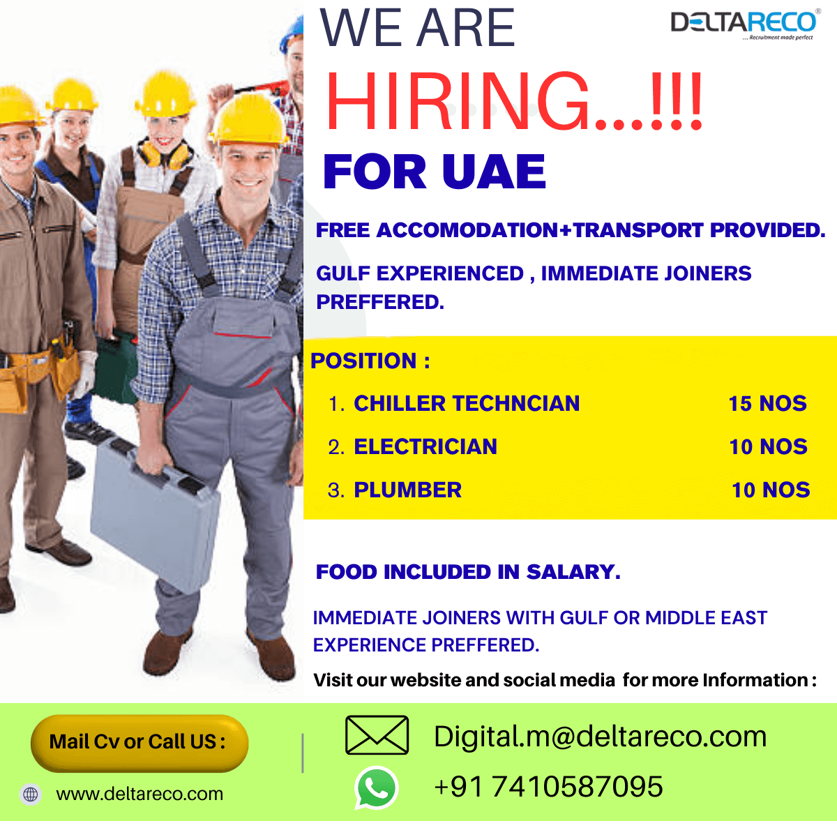 Plumbers Electrician chiller Technician for UAE