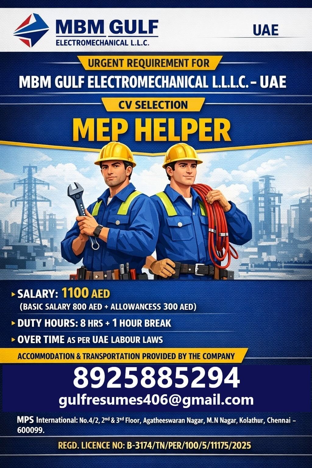 URGENT REQUIREMENT FOR MBM GULF ELECTROMECHANICAL L.L.C. – UAE  CV SELECTION