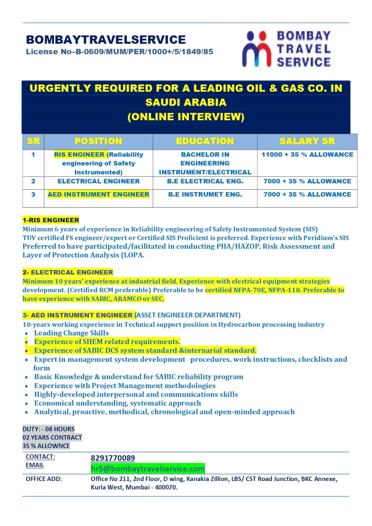 URGENTLY HIRING FOR OIL & GAS CO. SAUDI ARABIA URGENTLY HIRING FOR OIL & GAS CO. SAUDI ARABIA