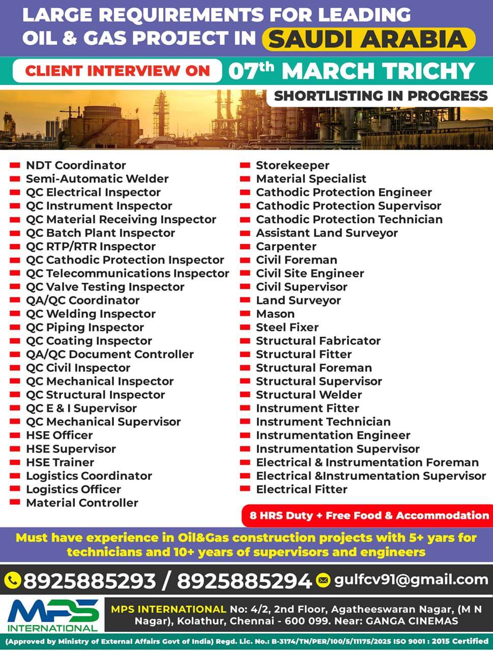 LARGE REQUIREMENTS FOR LEADING OIL & GAS PROJECT IN SAUDI ARABIA  CLIENT INTERVIEW ON 07.03.2026 MARCH AT TRICHY