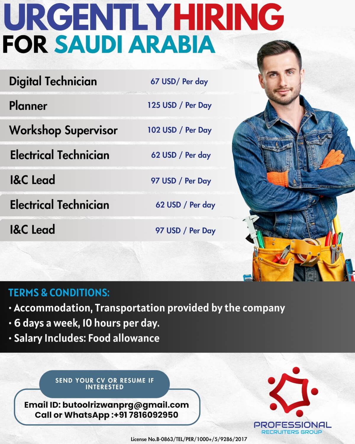 Urgently Hiring for SAUDI ARABIA