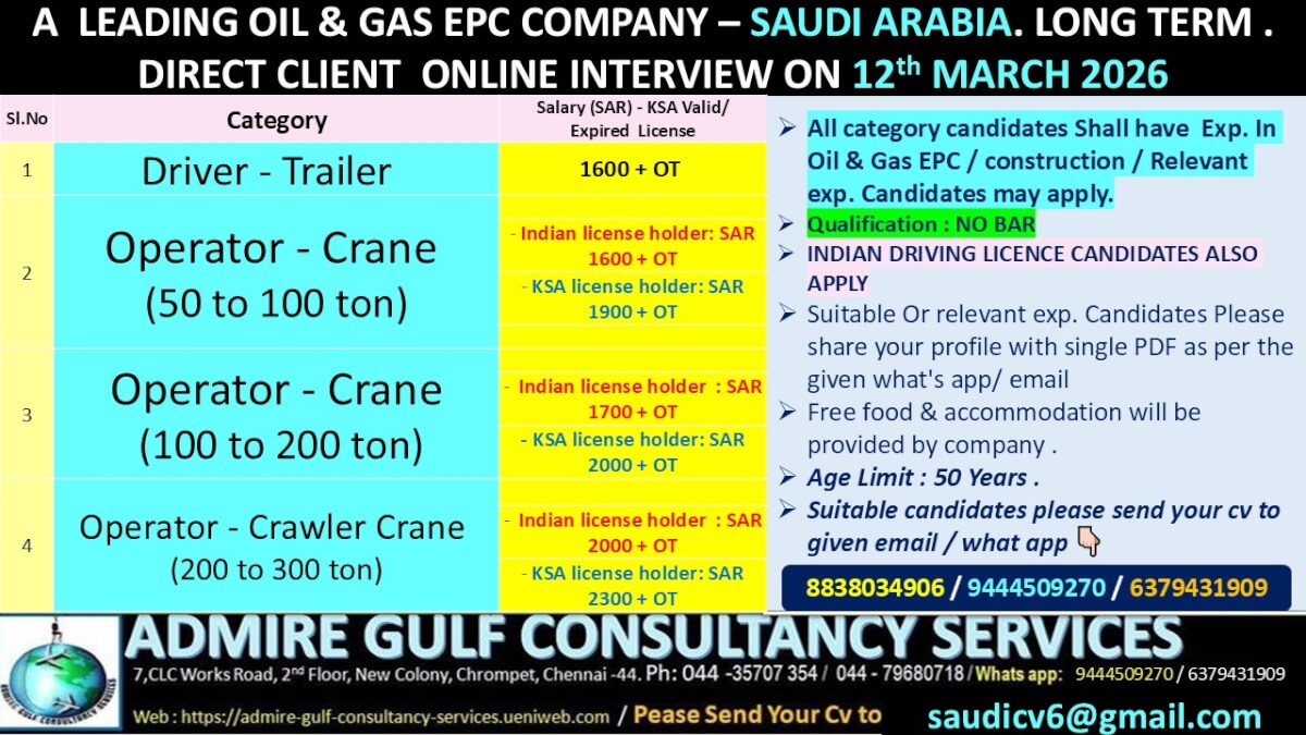 A  LEADING OIL & GAS COMPANY -SAUDI ARABIA-LONG TERM . DIRECT CLIENT ONLINE INTERVIEW ON 12th MARCH 2026