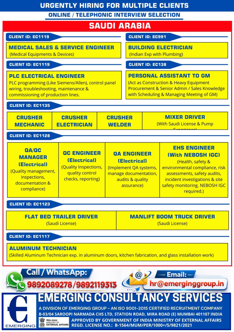 Urgent Hiring for Saudi Arabia – Online / Telephonic Interview Urgent Hiring for Saudi Arabia – Online / Telephonic Interview