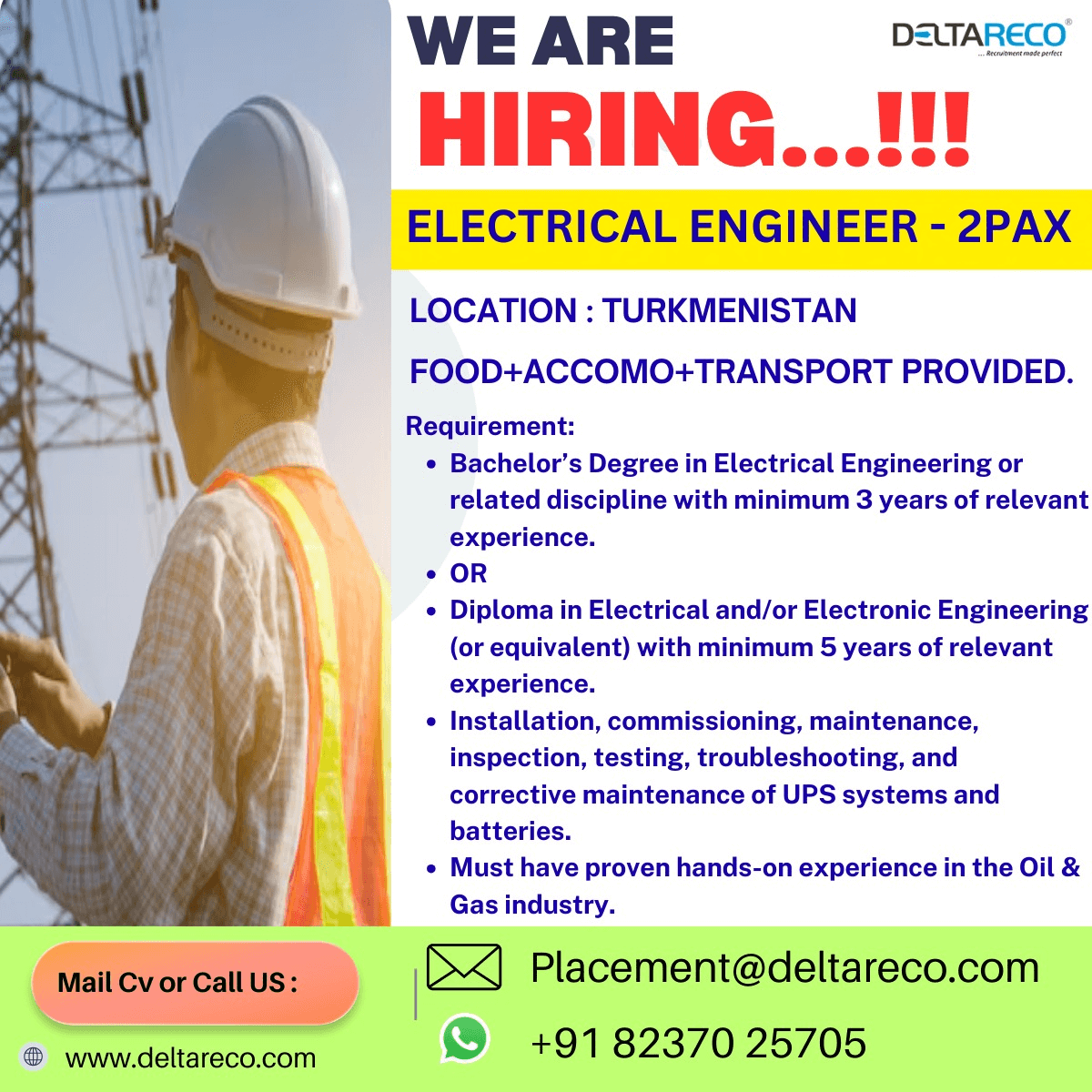 Hiring Electrical Engineer for Turkmenistan Hiring Electrical Engineer for Turkmenistan