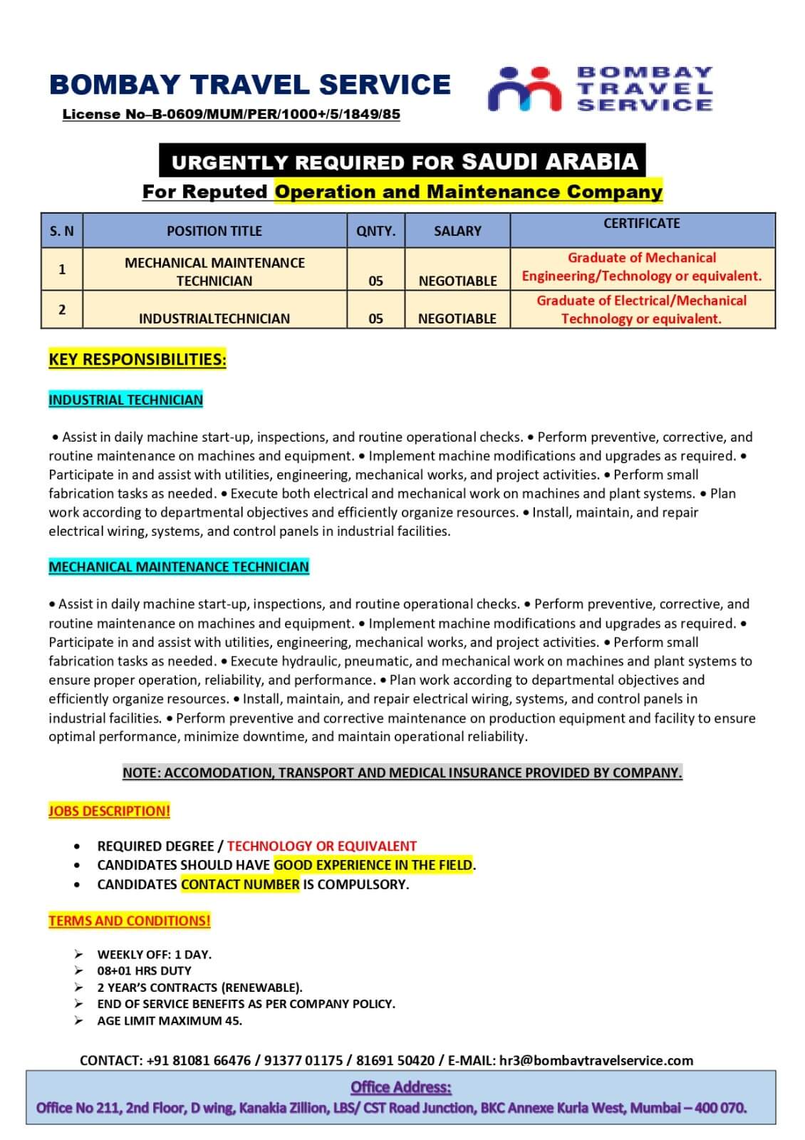 Urgently required for ksa reputed co. Urgently required for ksa reputed co.