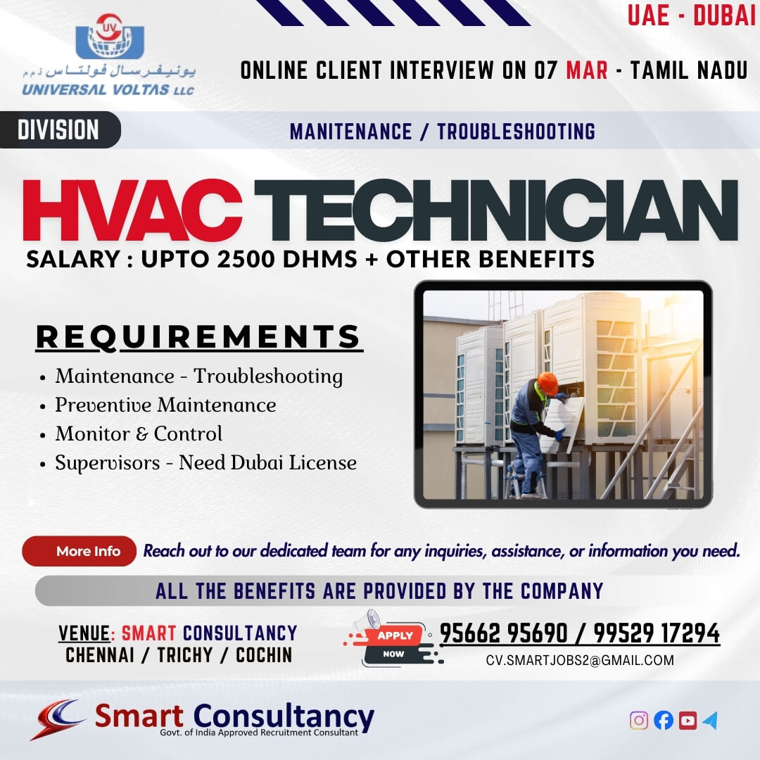 A leading company in Dubai (UAE) is looking for experienced HVAC Technicians for maintenance and troubleshooting roles.