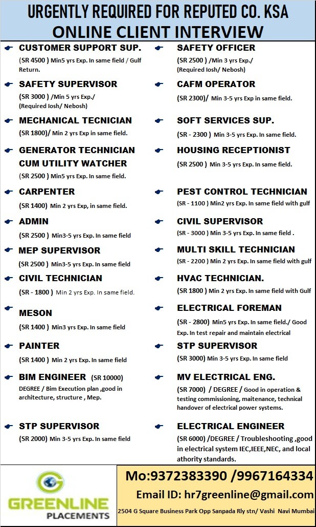 URGENTLY REQUIRED FOR REPUTED CO. KSA