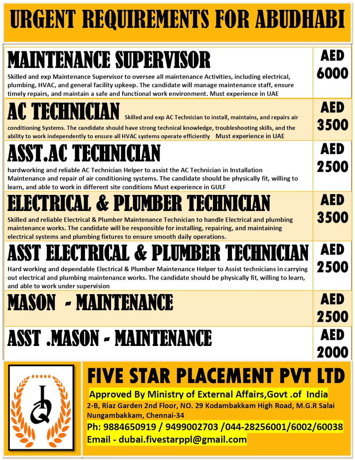 URGENT REQUIREMENTS FOR ABUDHABI