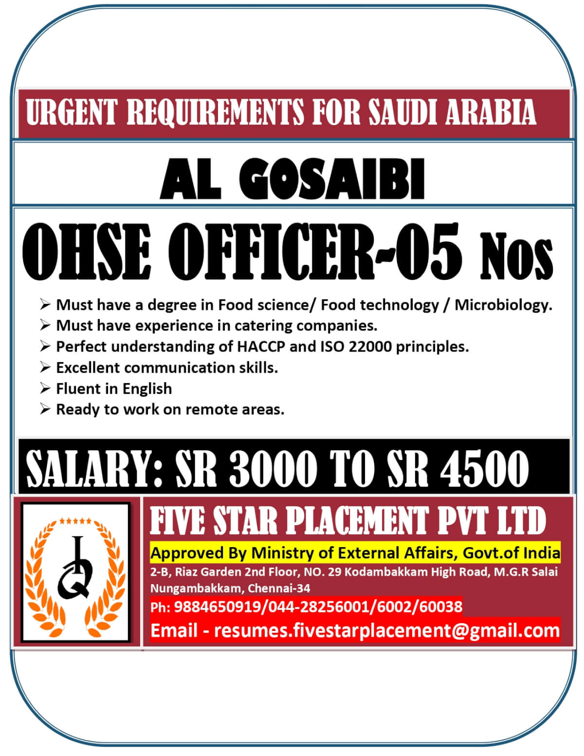 URGENT REQUIREMENTS FOR SAUDI ARABIA URGENT REQUIREMENTS FOR SAUDI ARABIA