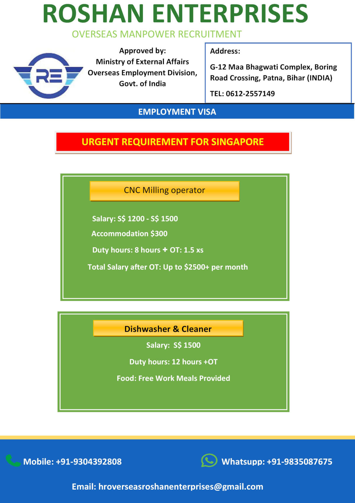 Urgent Requirement for Singapore
