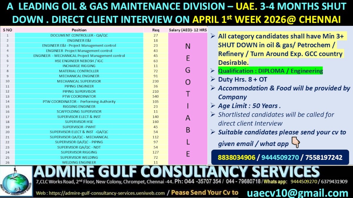 A  LEADING OIL & GAS COMPANY - 3-4 MONTHS SHUT DOWN. DIRECT CLIENT INTERVIEW APRIL 1ST WEEK AT CHENNAI