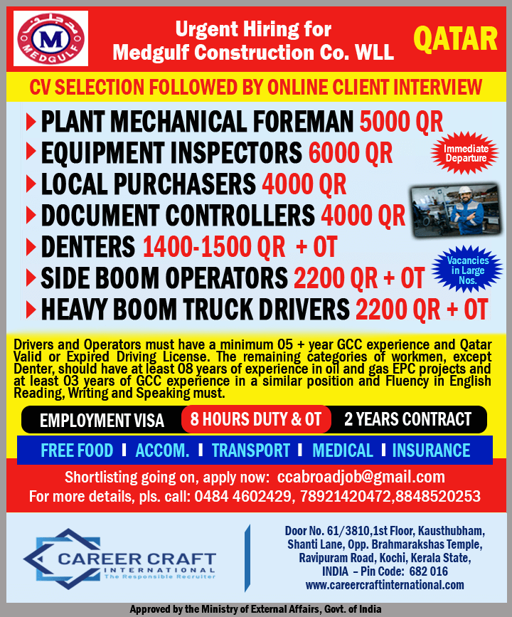 Urgent manpower requirement for MedGulf, Qatar -