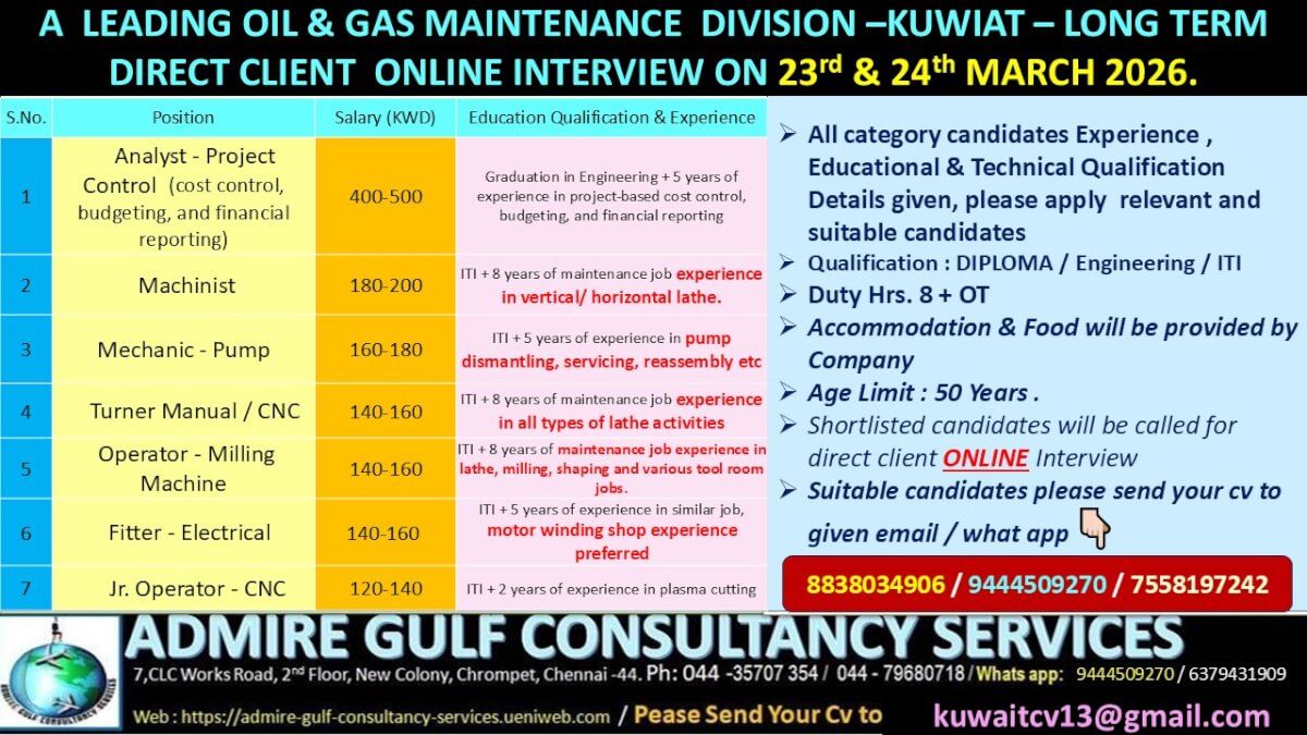 A  LEADING OIL & GAS MAINTENANCE DIVISION - KUWAIT -LONG TERM . DIRECT CLIENT ONLINE INTERVIEW ON 23rd & 24th MARCH 2026