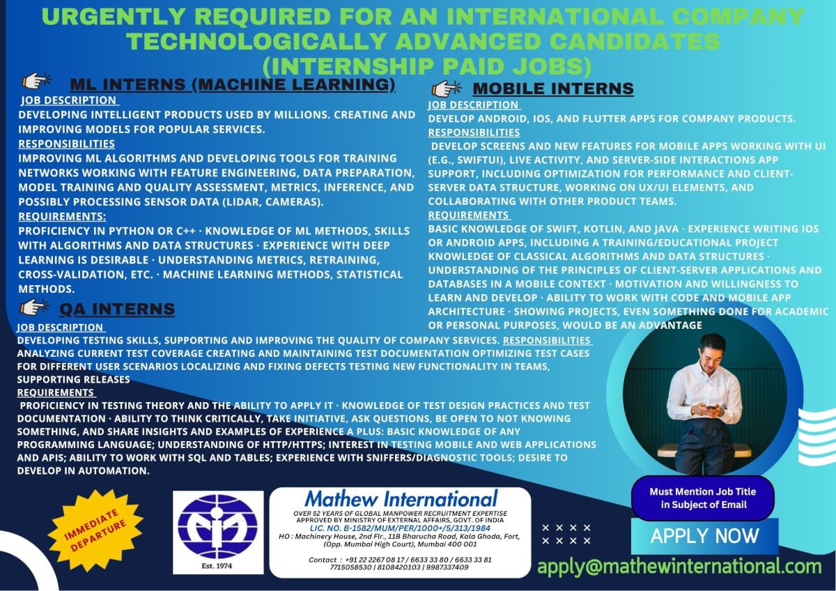 URGENTLY REQUIRED for an international company Technologically advanced CANDIDATES (internship paid jobs) 2