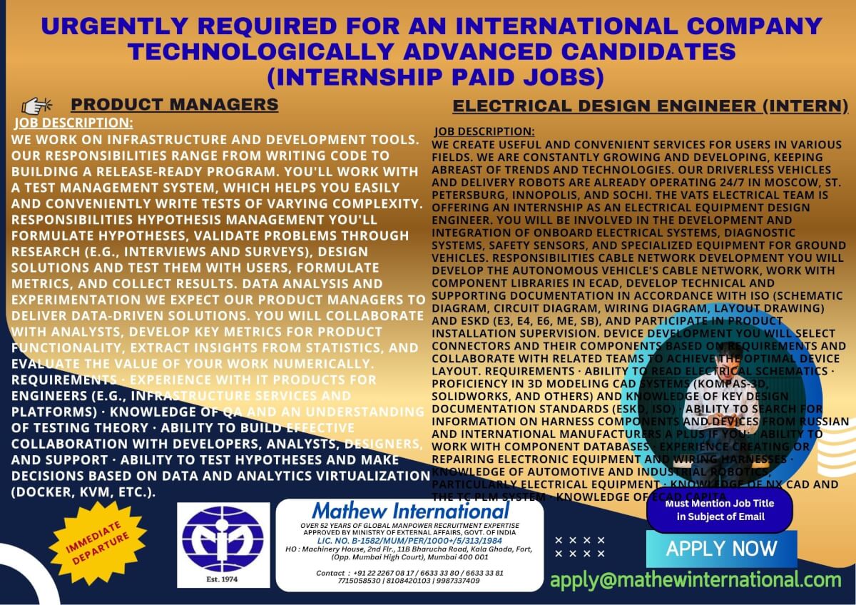 9 - URGENTLY REQUIRED FOR AN INTERNATIONAL COMPANY - TECHNOLOGICALLY ADVANCED CANDIDATES (internship paid jobs)