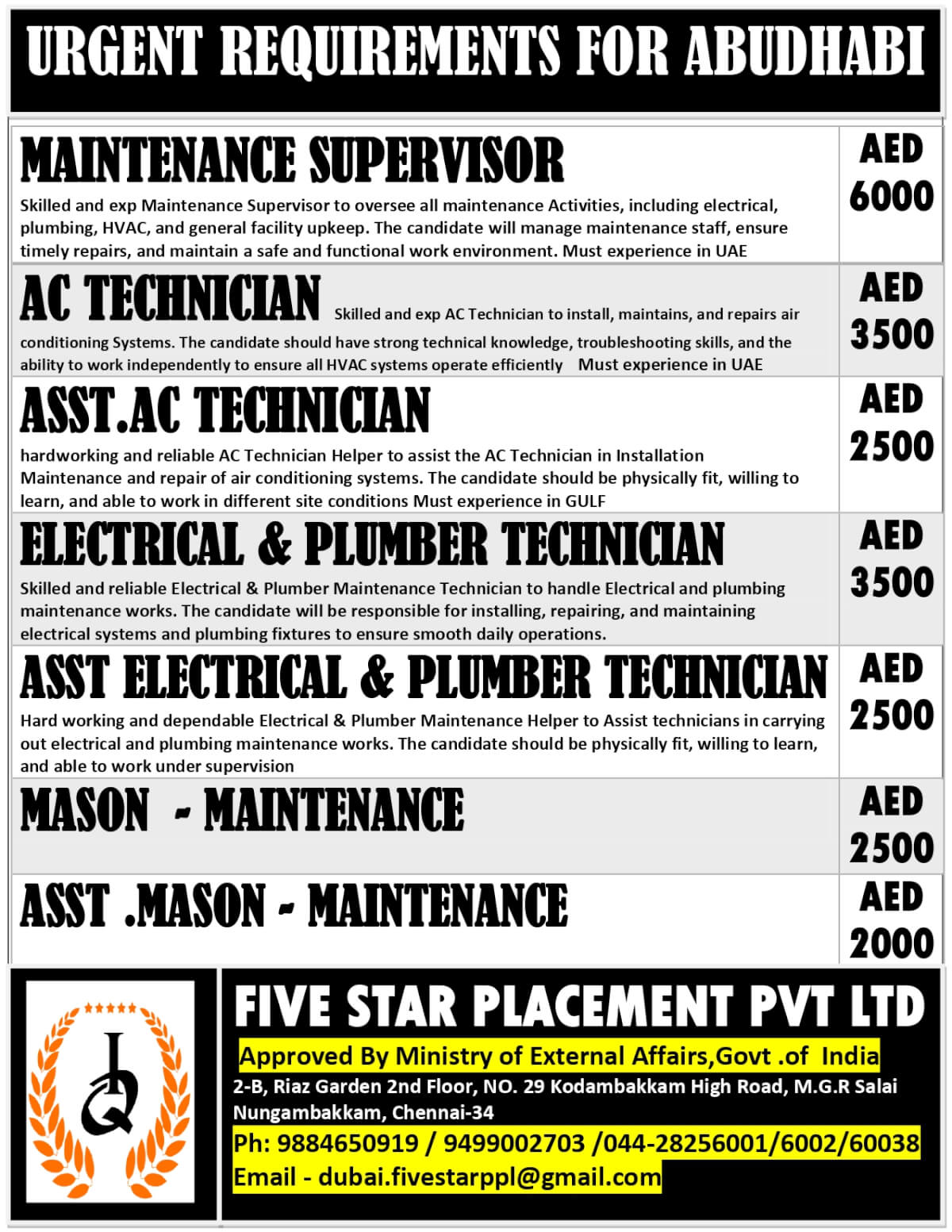 URGENT REQUIREMENTS FOR ABUDHABI