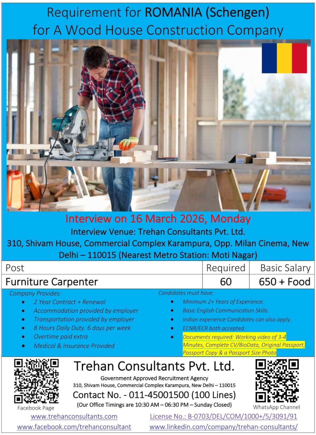Furniture Carpenters required for ROMANIA (Schengen) for A Wood House Construction Company - Interview Date 16 March 2026