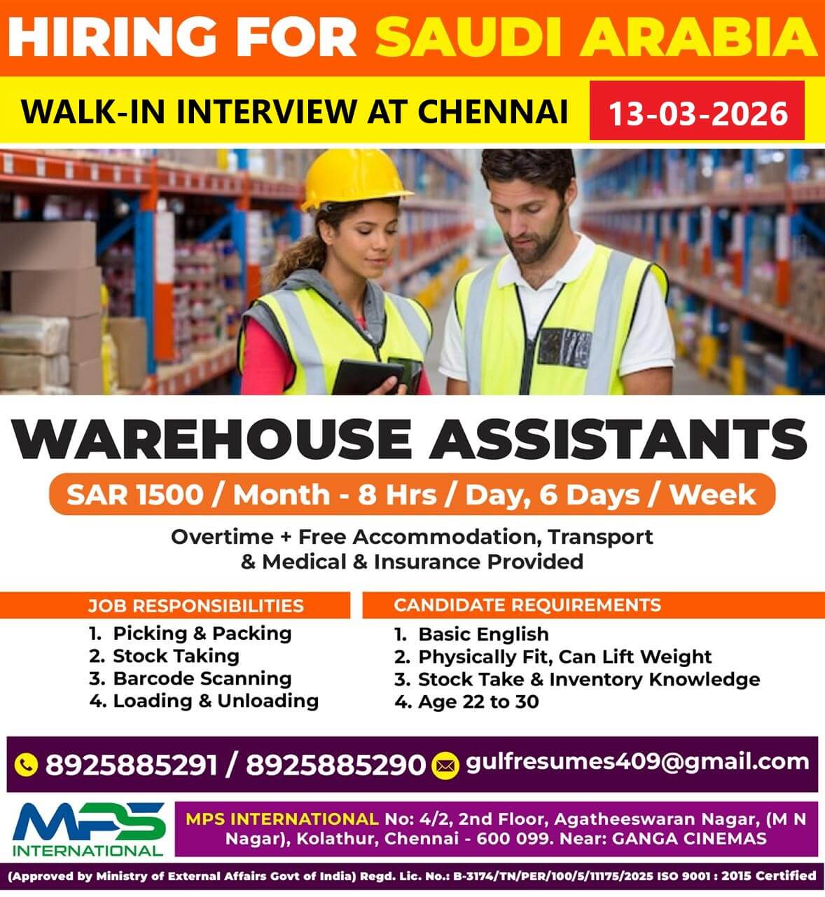 HIRING FOR SAUDI ARABIA  WALK-IN INTERVIEW AT CHENNAI – 13-03-2026