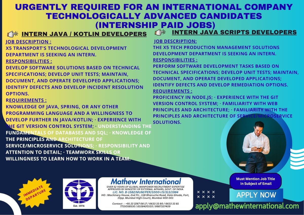3 -  URGENTLY REQUIRED FOR AN INTERNATIONAL COMPANY - TECHNOLOGICALLY ADVANCED CANDIDATES (internship paid jobs)