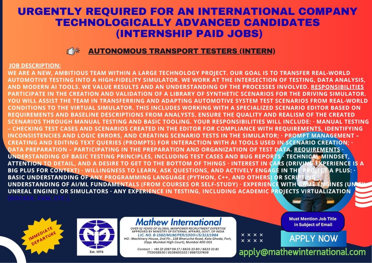 8 - URGENTLY REQUIRED FOR AN INTERNATIONAL COMPANY - TECHNOLOGICALLY ADVANCED CANDIDATES (internship paid jobs)