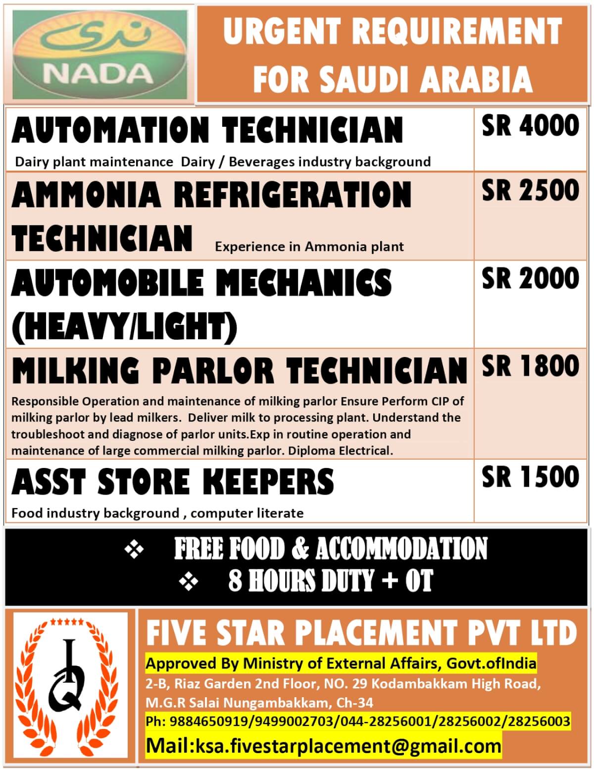 URGENT REQUIREMENT FOR  SAUDI ARABIA