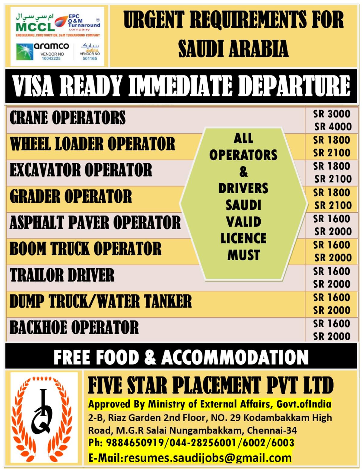 URGENT REQUIREMENT FOR  SAUDI ARABIA