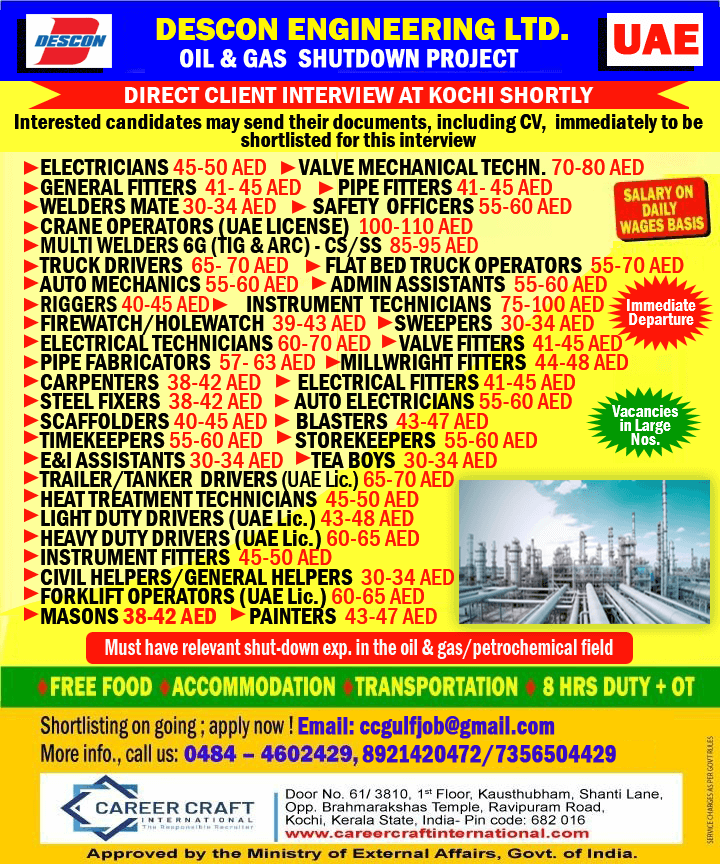 Client Interview at Kochi for Descon Engineering LLC, Abu Dhabi -