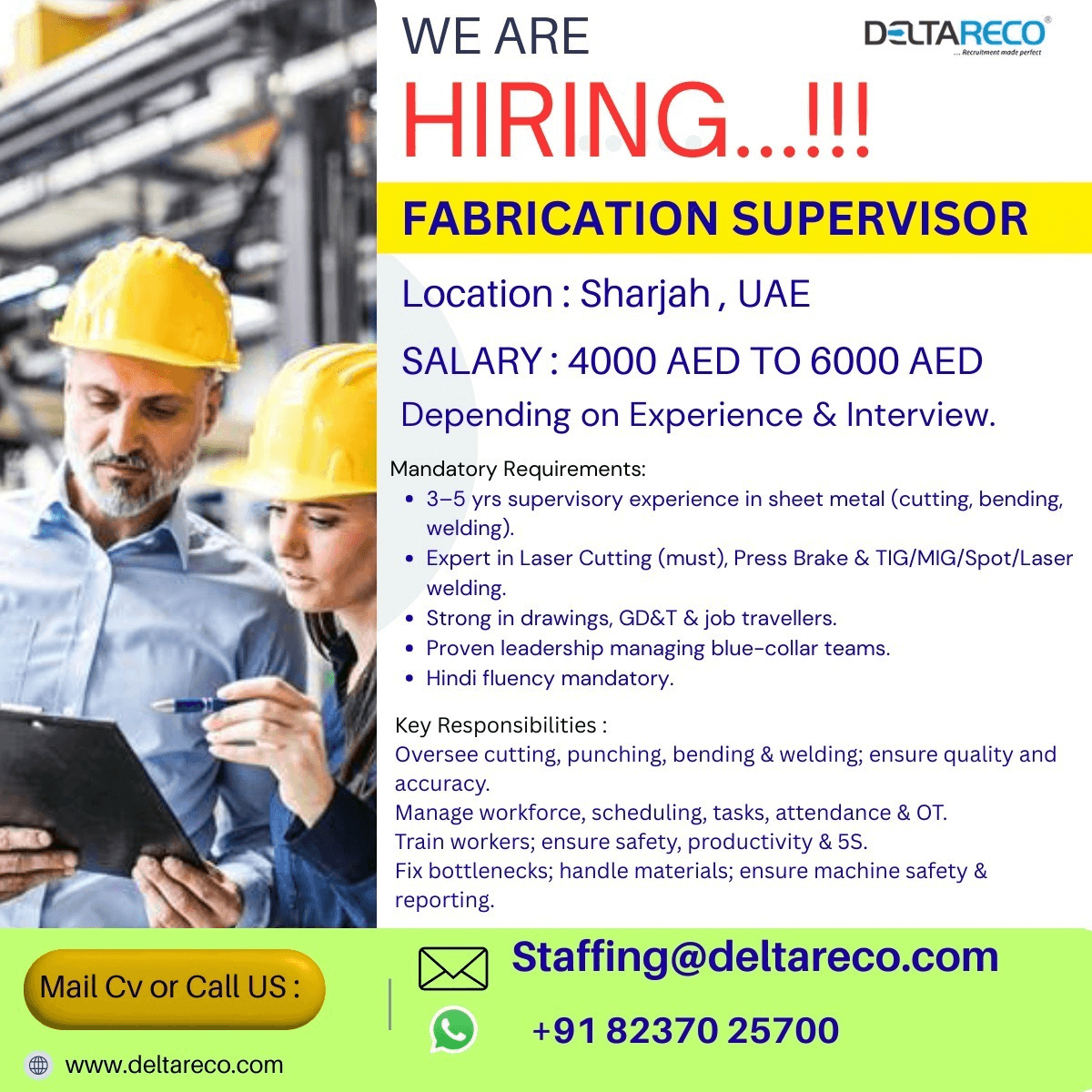 Hiring Fabrication  Supervisor  For Sharjah UAE