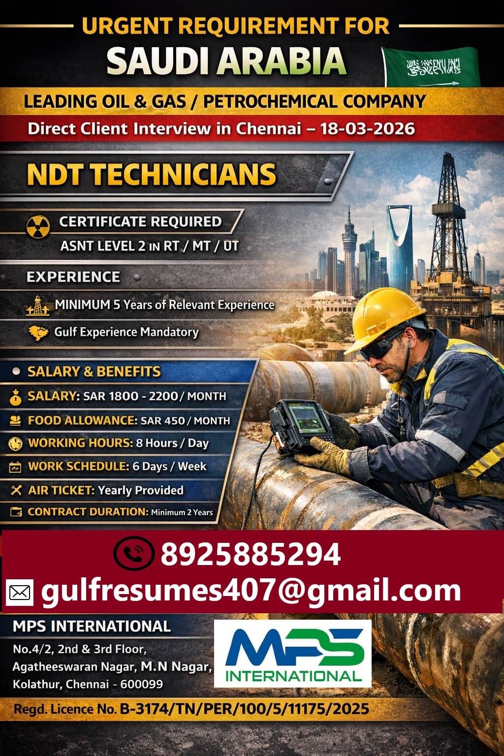 URGENT REQUIREMENT FOR SAUDI ARABIA  LEADING OIL & GAS / PETROCHEMICAL COMPANY  Direct Client Interview in Chennai – 18-03-2026