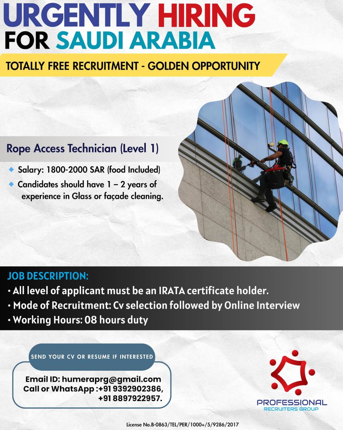 Free Recruitment - Urgently Hiring for Saudi Arabia – Rope Access Technician (Level 1)