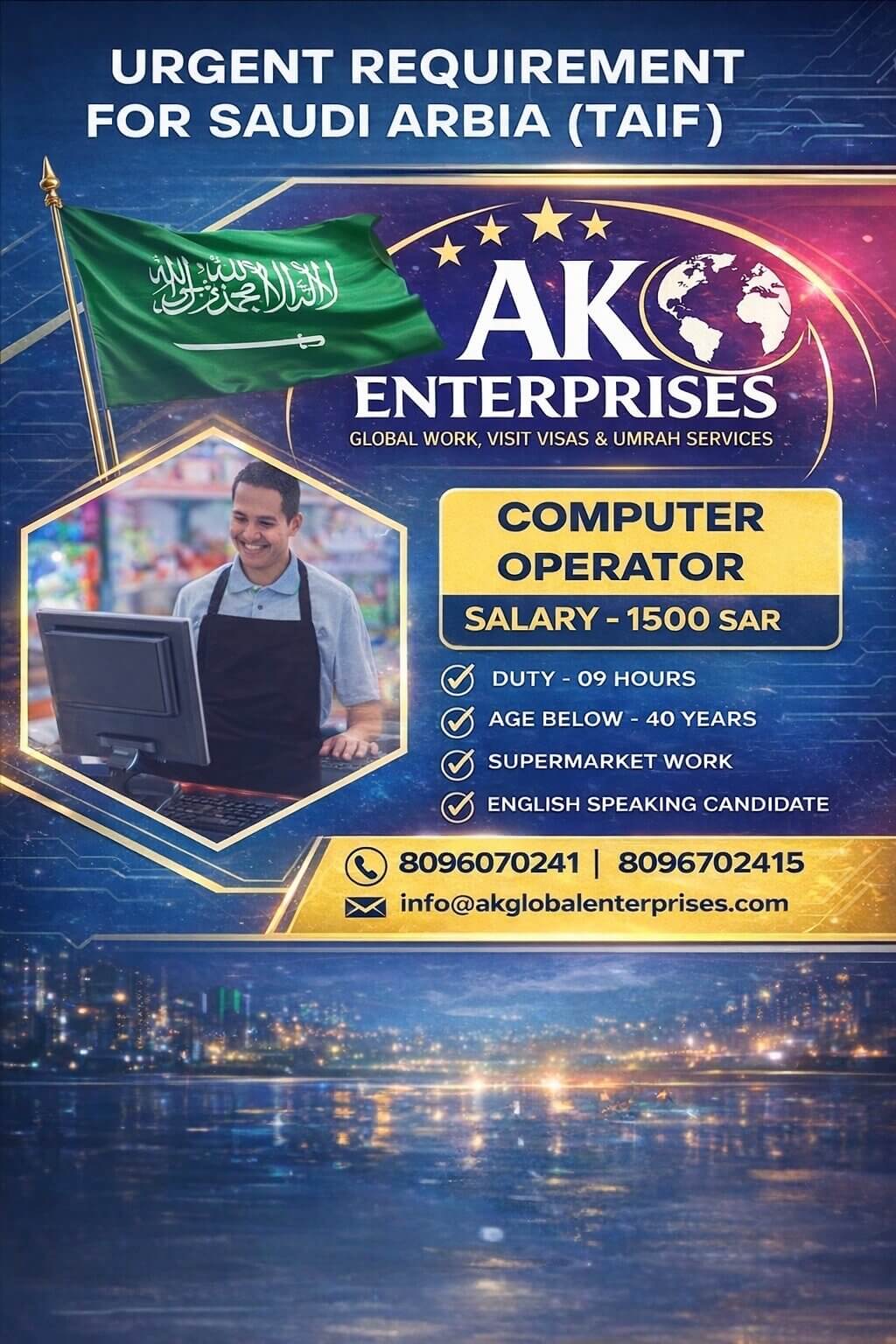 Urgently Requirement for Saudi Arabia ( Taif)-Computer Operator