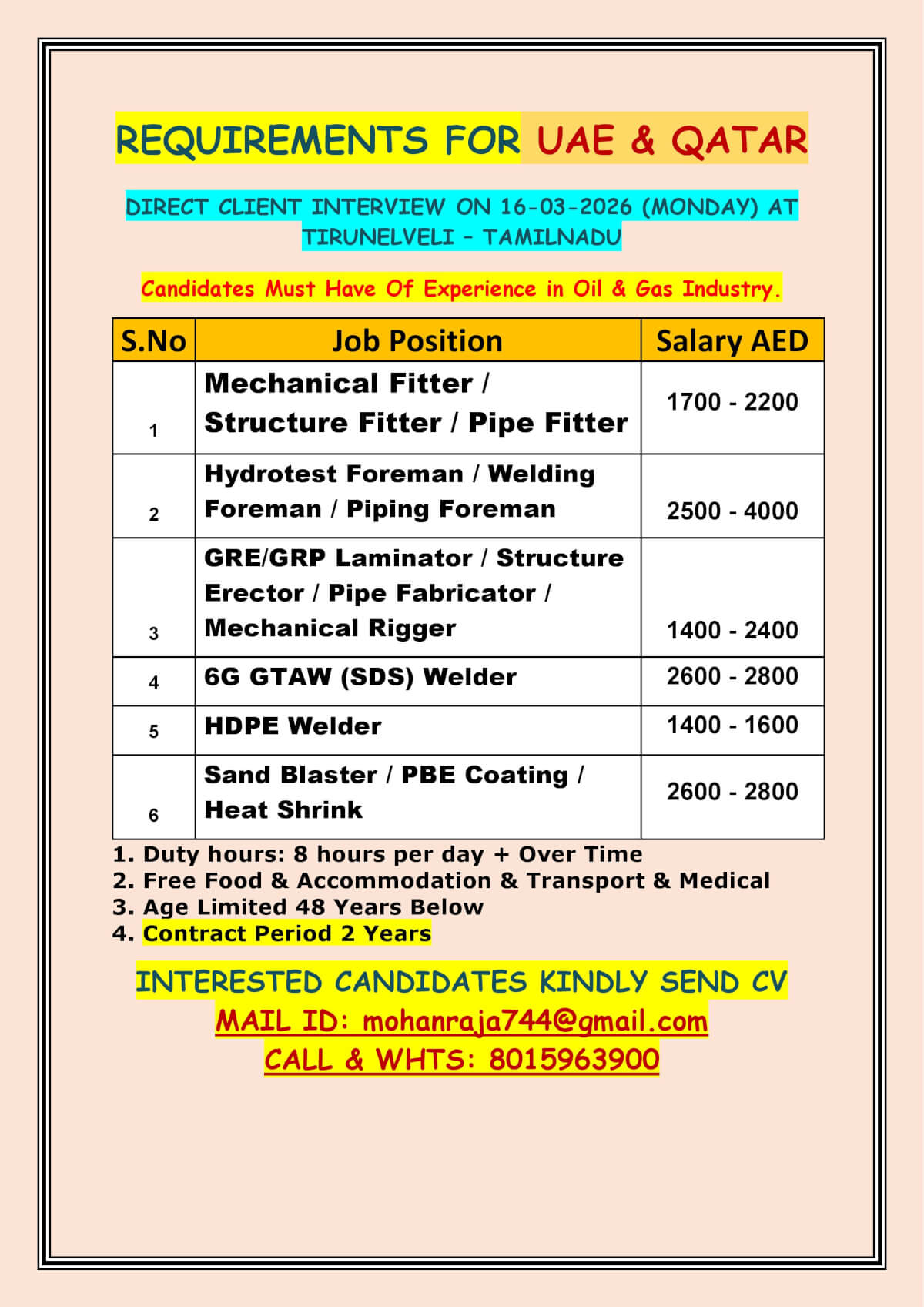 REQUIREMENTS FOR UAE & QATAR  DIRECT CLIENT INTERVIEW ON 16-03-2026 (MONDAY) AT TIRUNELVELI – TAMILNADU