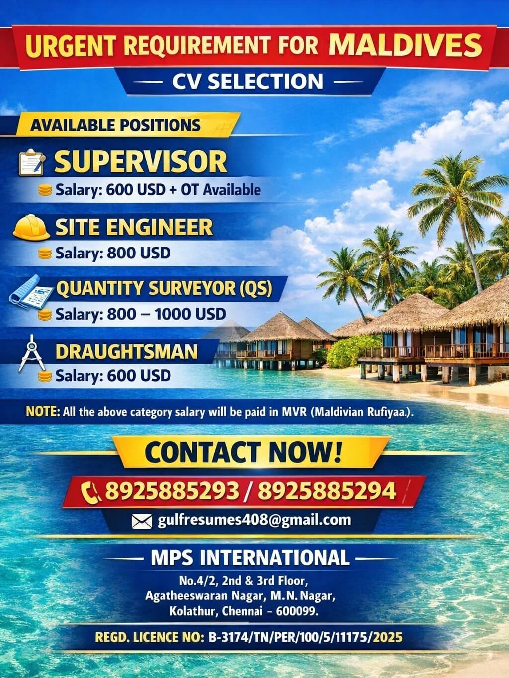 URGENT REQUIREMENT FOR MALDIVES CV SELECTION