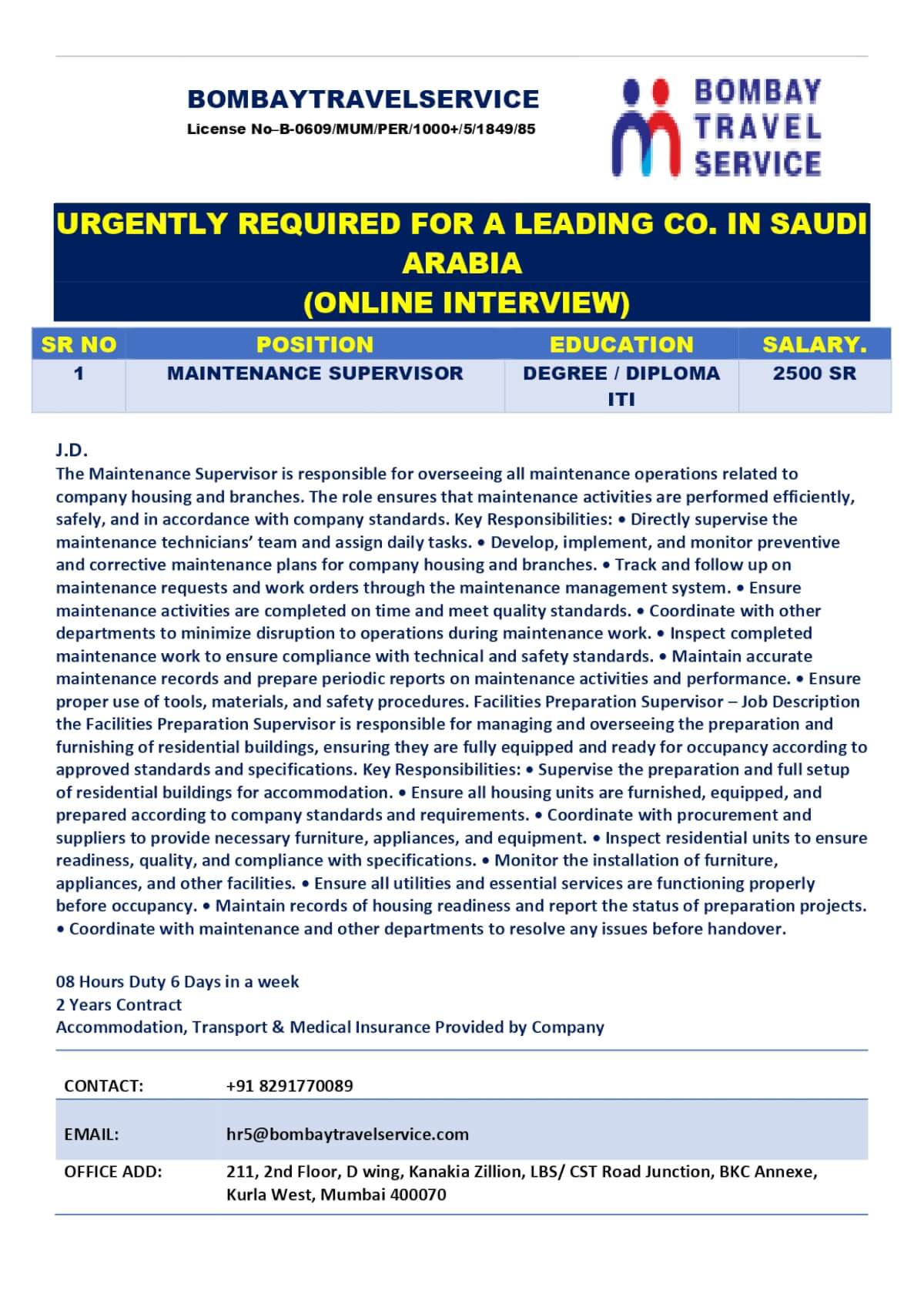 URGENTLY HIIRNG MAINTENANCE TECHNICIAN FOR SAUDI ARABIA