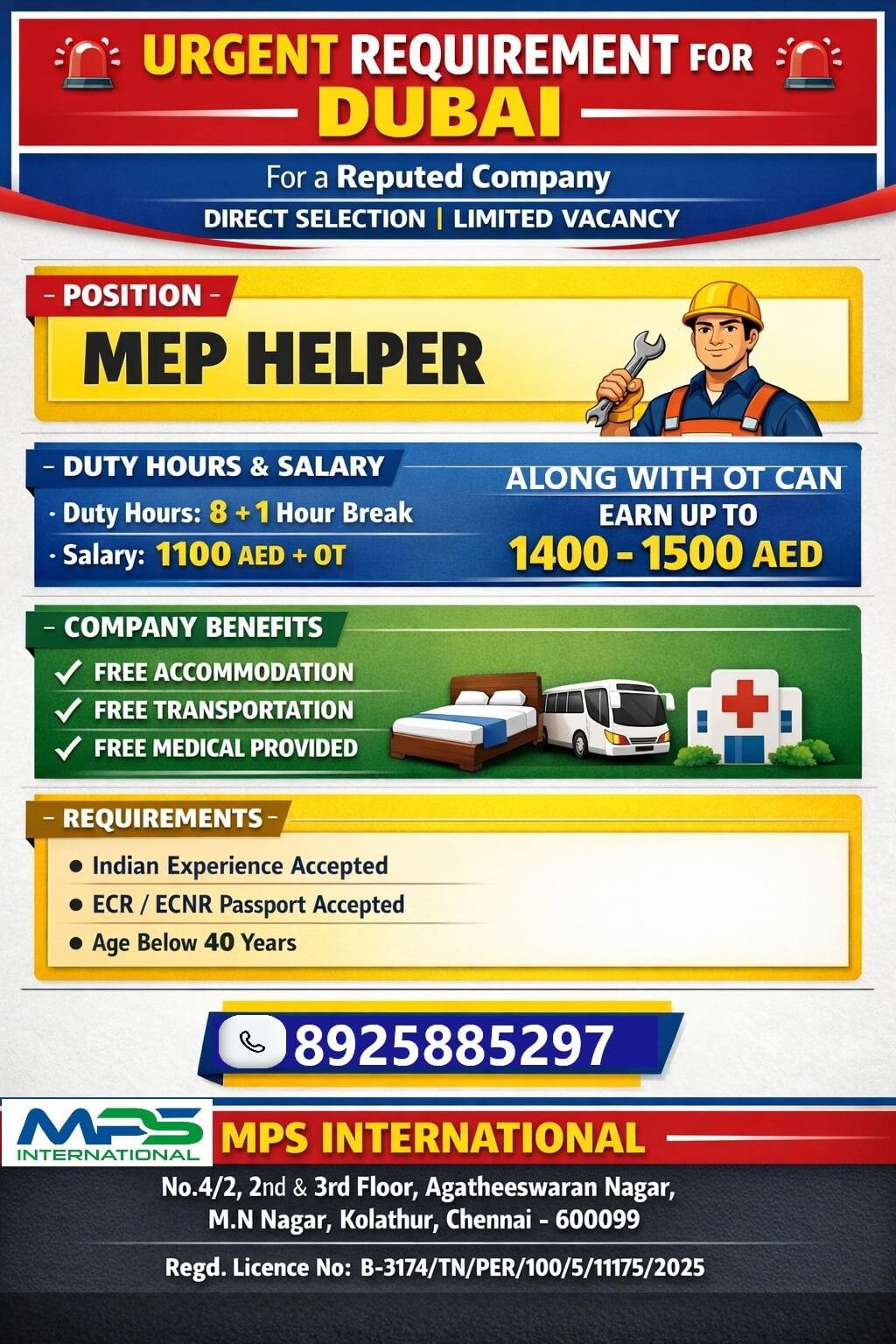 URGENT REQUIREMENT FOR DUBAI For a Reputed Company DIRECT SELECTION