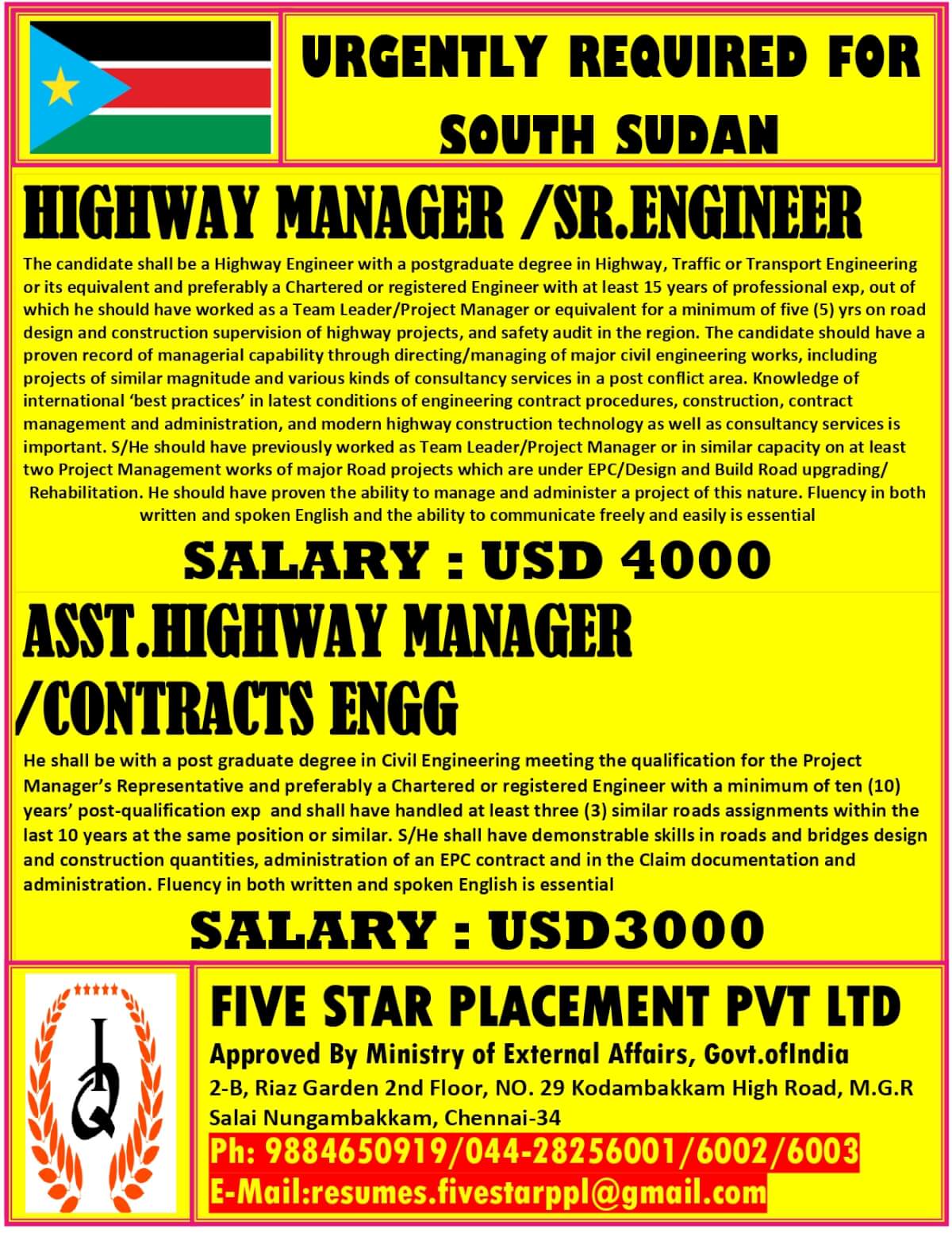 URGENT REQUIREMENT FOR  SOUTH SUDAN