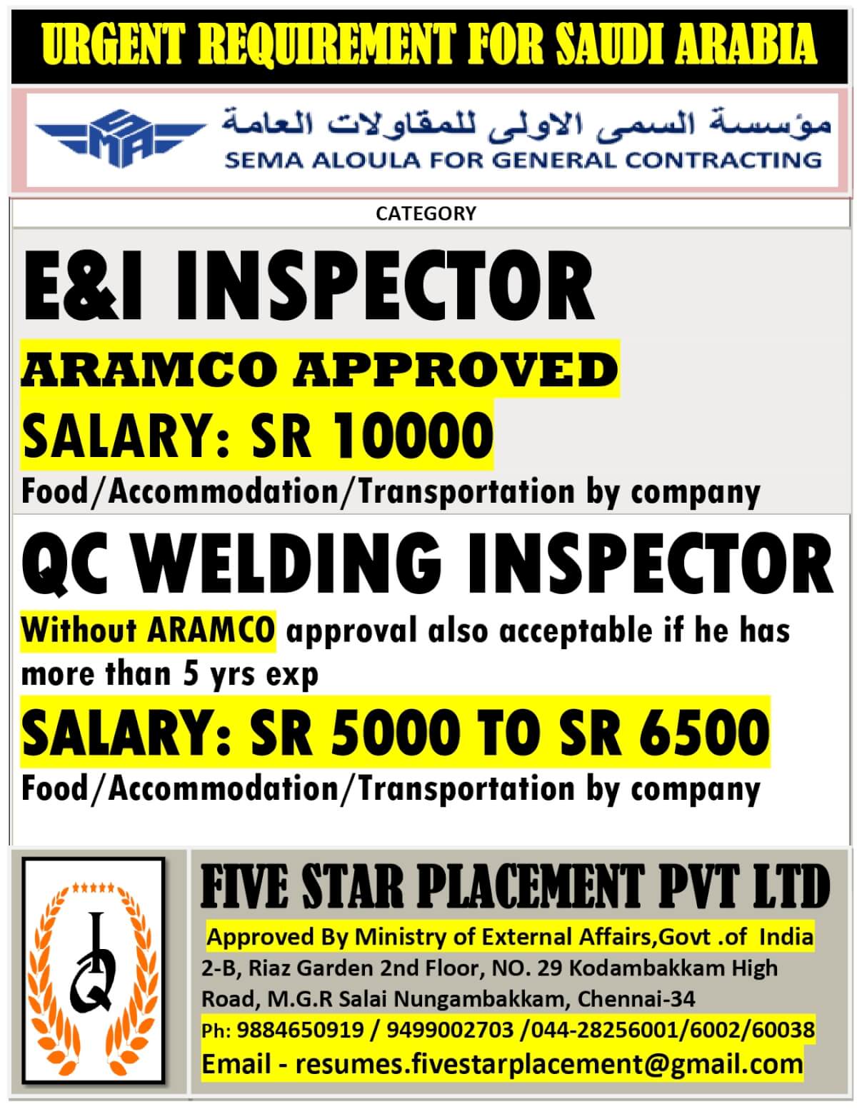 URGENT REQUIREMENT FOR  SAUDI ARABIA